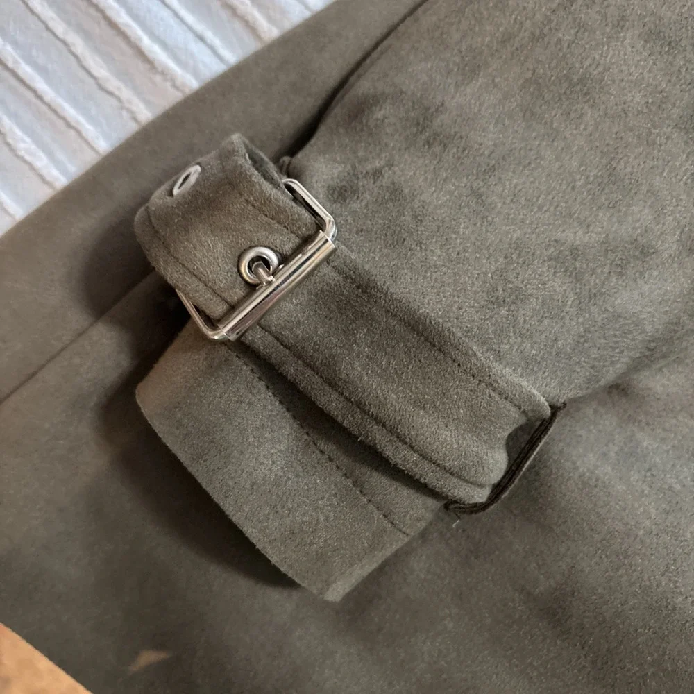 Hyfve Jacket Blazer Women's Sz S Faux Leather Suede olive Green‎ Faux Fur Trim - Picture 4 of 15